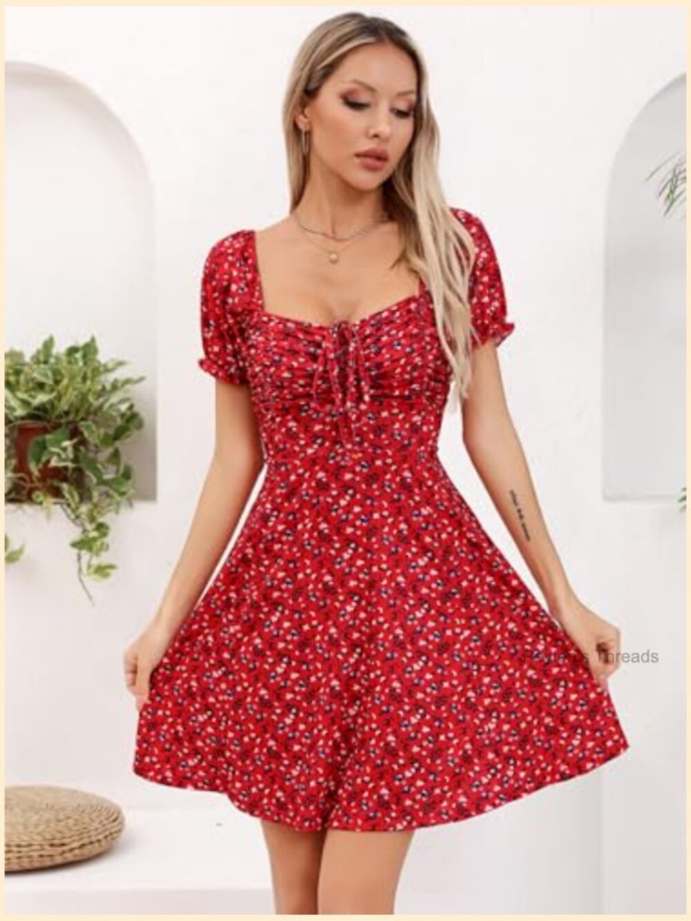 Puff Short Sleeve Fit and Flare Drawstring Floral Mini Sun Dress Summer - Picture 2 of 5